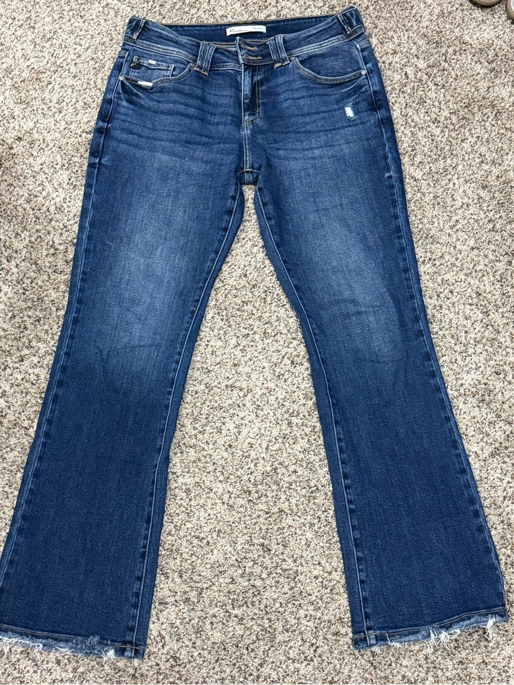 KanCan Dark Blue Flare Jeans with Raw Hem